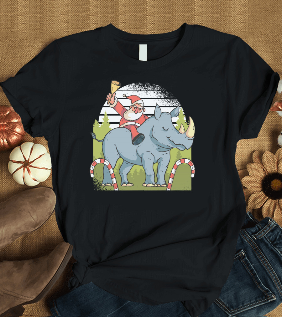 Santa Ringing Bell Riding Rhino with Candy Canes T-Shirt