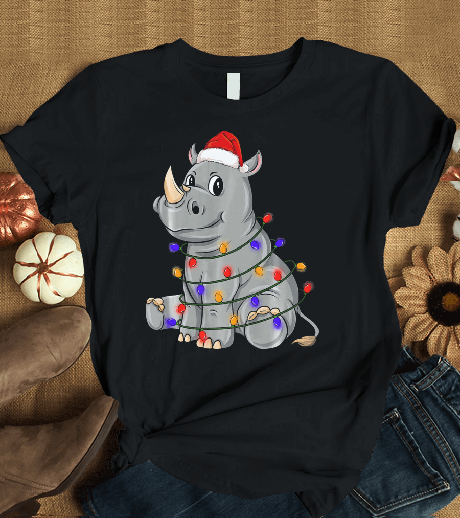Rhino Wrapped in Christmas Lights Wearing Santa Hat Holiday Festive Chr T-Shirt