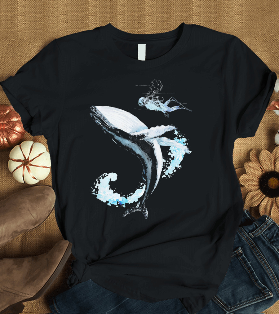 Scuba Diver Humpback Whale Swimming Adventure T-Shirt