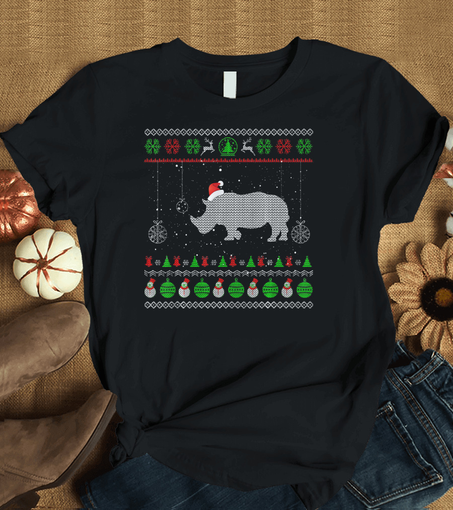 Ugly Christmas Sweater Santa Hat Rhino Pattern Festive Holiday T-Shirt