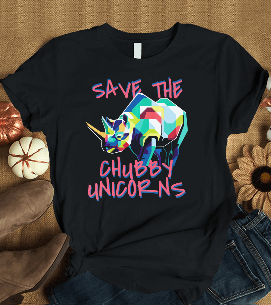 Save The Chubby Unicorns Colorful Rhino Geometric T-Shirt