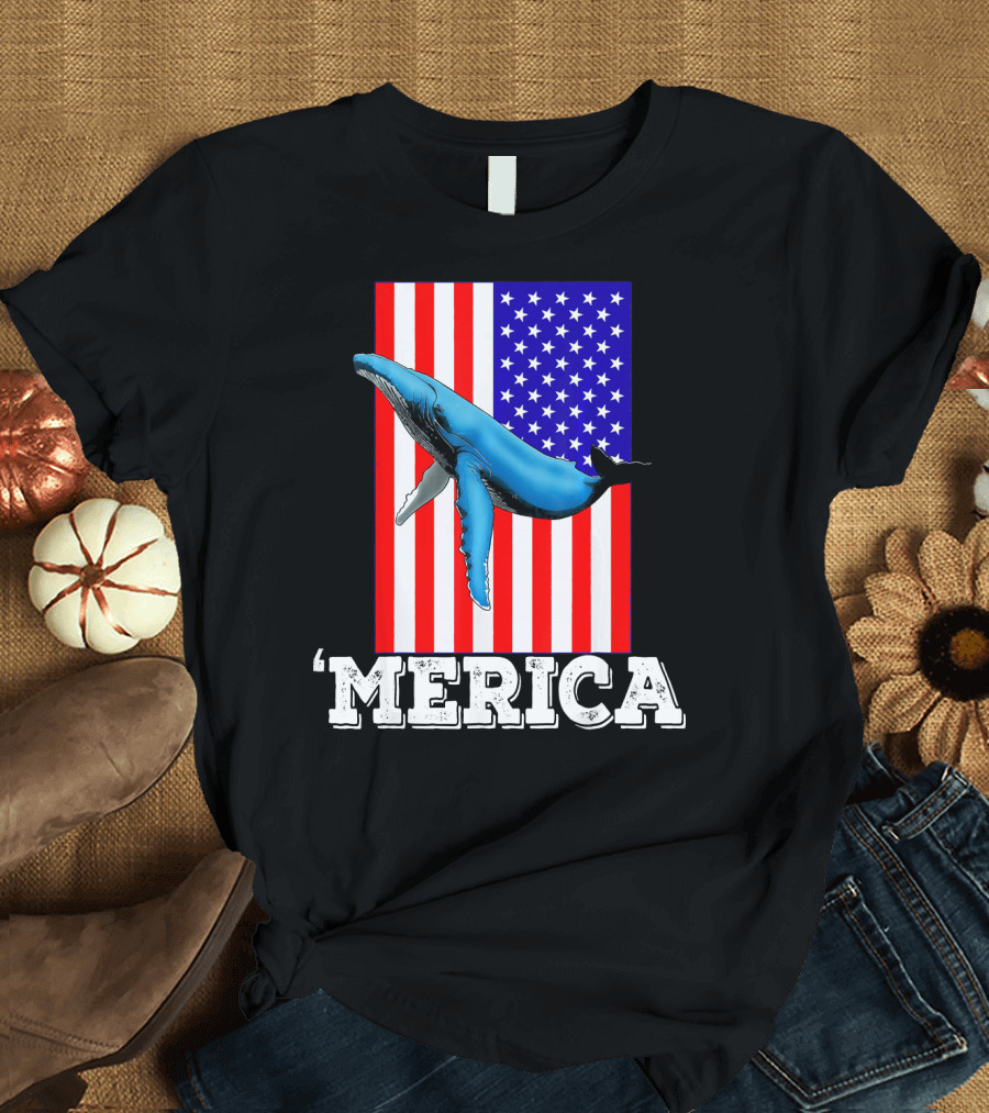 Whale 'Merica 4th Of July American Flag T-Shirt