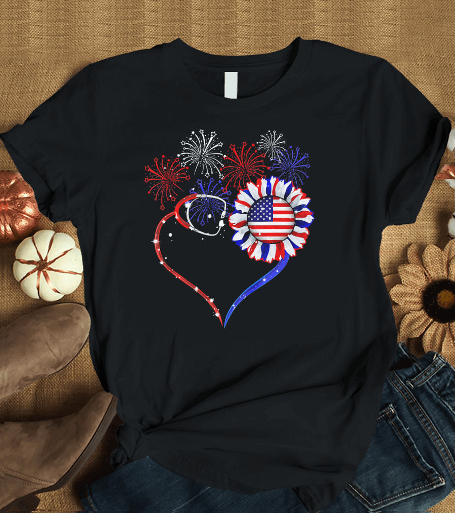 Patriotic Nurse Heart with Stethoscope Butterfly Sunflower Fireworks USA Flag T-Shirt