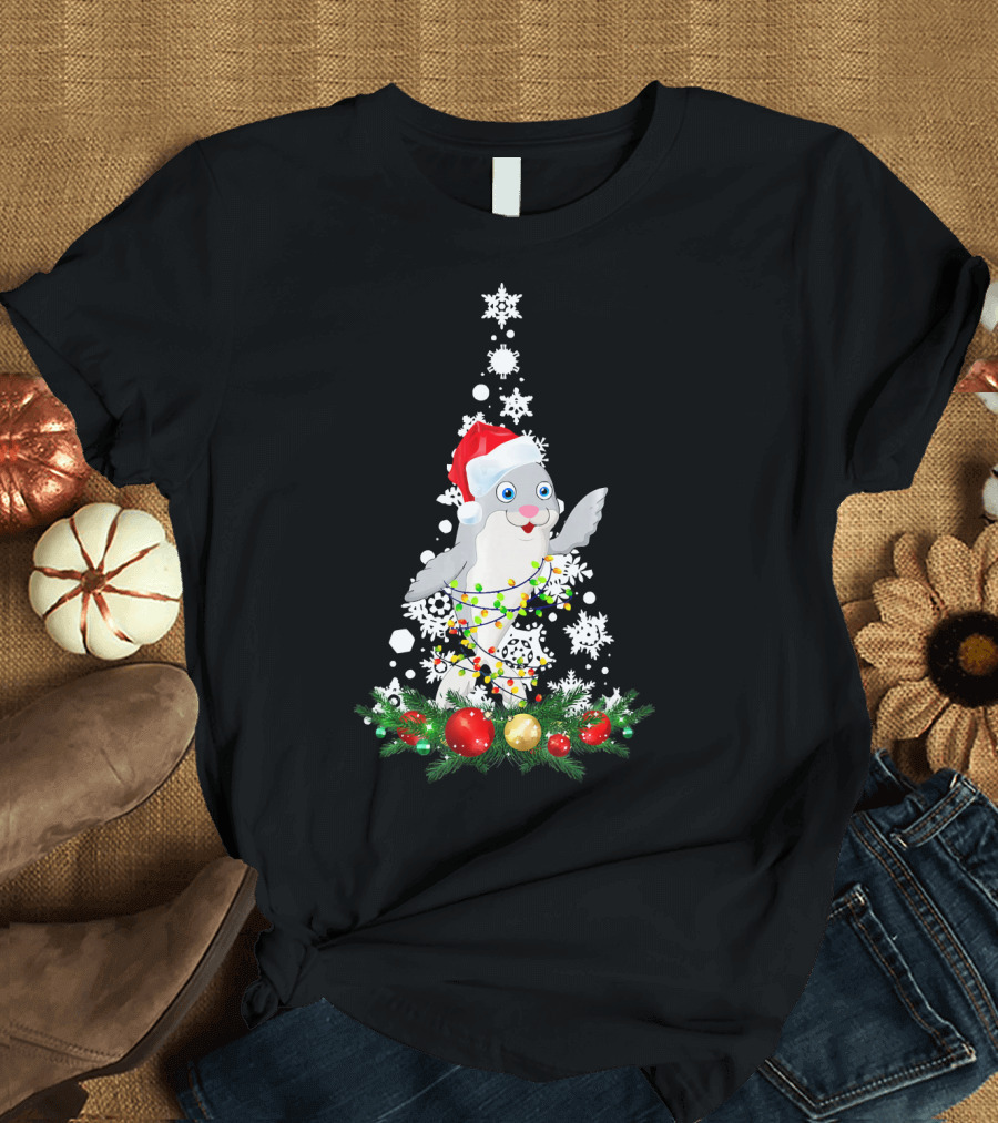 Seal Wrapped in Christmas Lights Under Snowflake Tree with Santa Hat T-Shirt