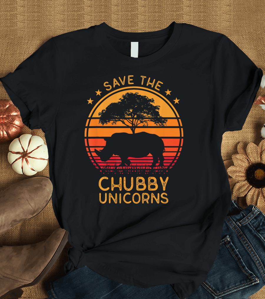 Save The Chubby Unicorns Vintage Style Retro Sunset Rhino Conservation T-Shirt
