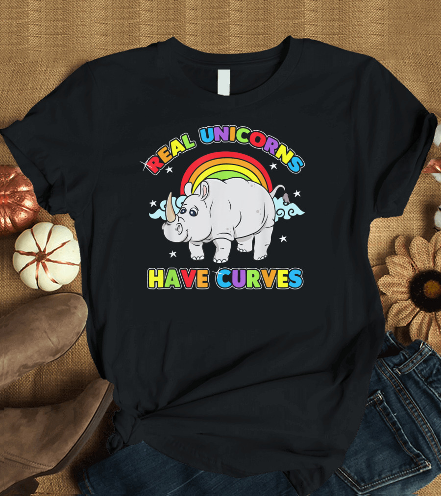 Real Unicorns Have Curves Rainbow Rhino Stars T-Shirt