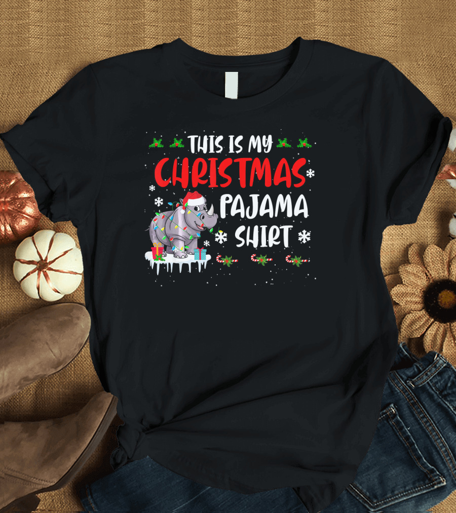 This Is My Christmas Pajama Rhino Shirt Holiday Lights Santa Hat Snowflakes T-Shirt