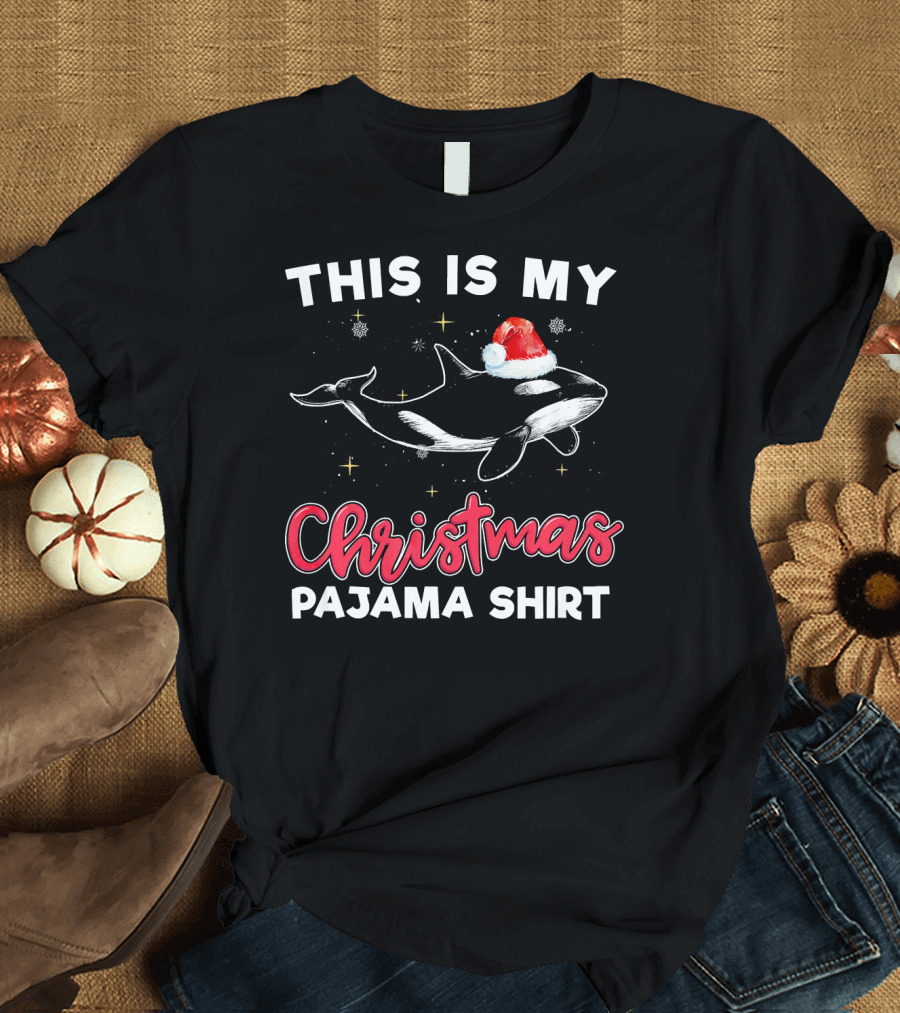 This Is My Christmas Pajama Shirt Orca Whale Santa Hat T-Shirt