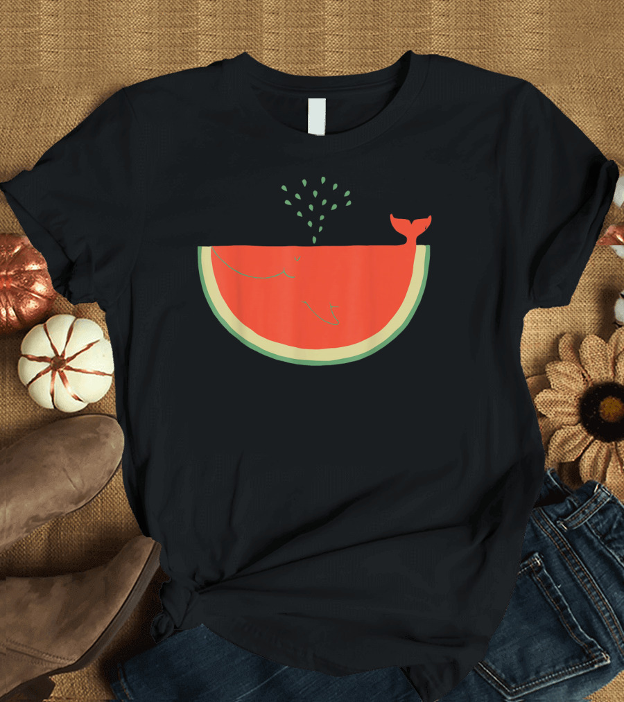 Watermelon Whale Splashing Tail Wedge T-Shirt