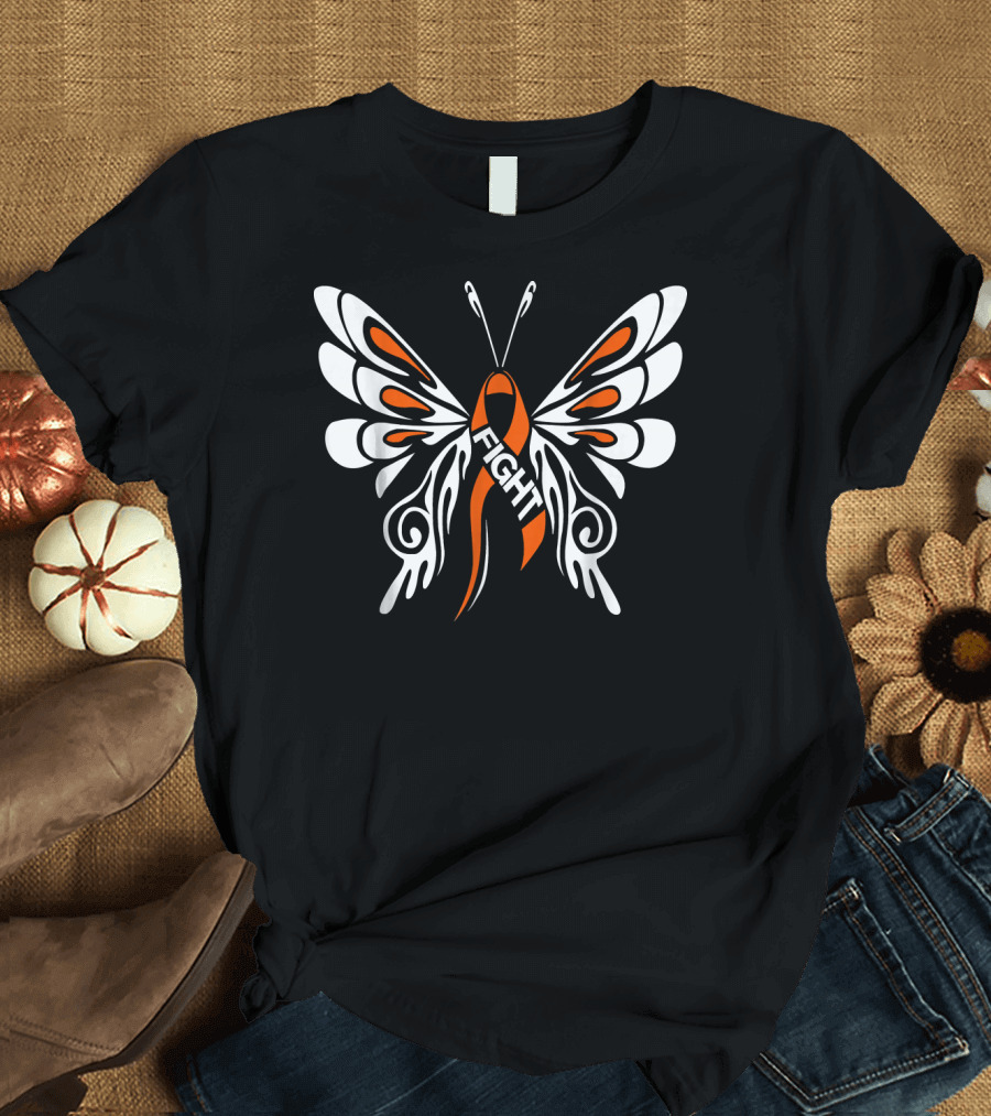 Fight Orange Ribbon Butterfly Support Leukemia T-Shirt