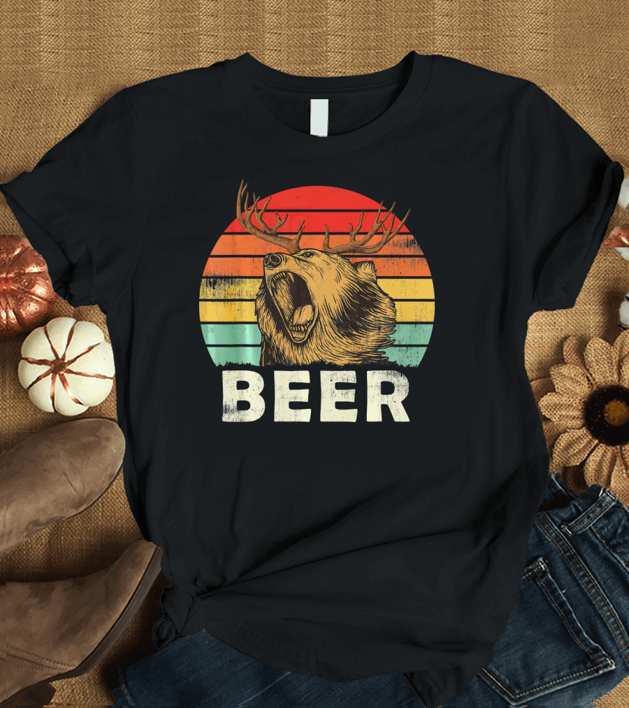 Bear Deer Funny Beer Retro Sunset Beer T-Shirt