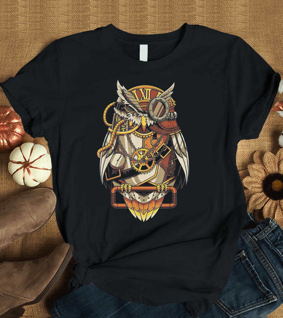 Clockwork Owl Steampunk Gears Roman Numerals T-Shirt