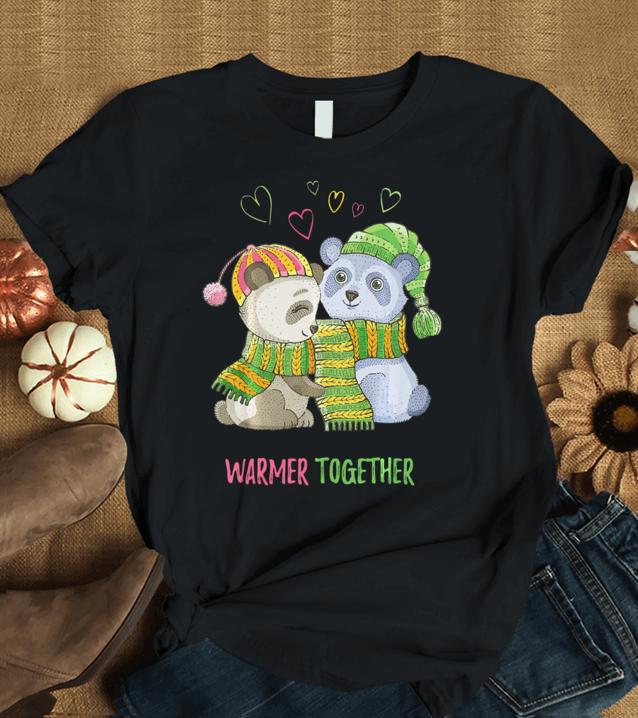 Warmer Together Christmas Cute Panda Bear With Hearts T-Shirt