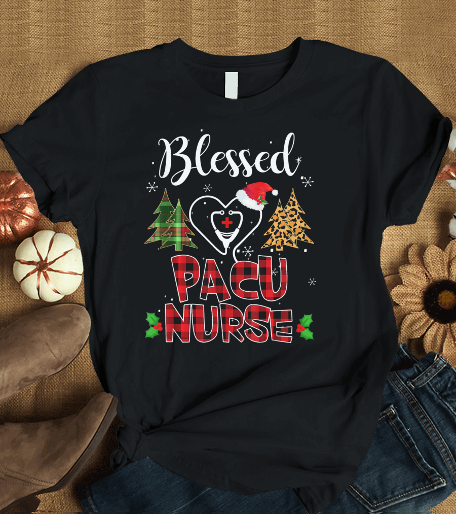 Blessed PACU Nurse Buffalo Plaid Red Jag Christmas Holiday Trees T-Shirt