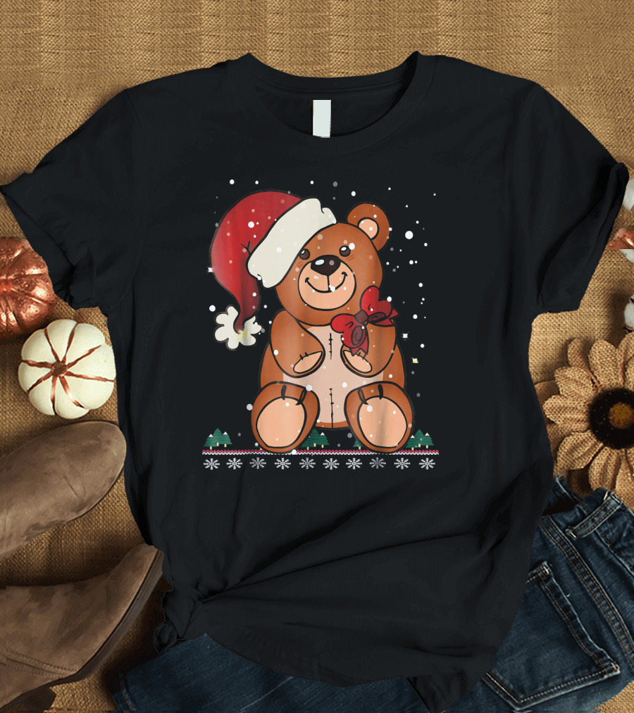 Christmas Teddy Bear Holding Red Bow Santa Hat Snowflakes T-Shirt