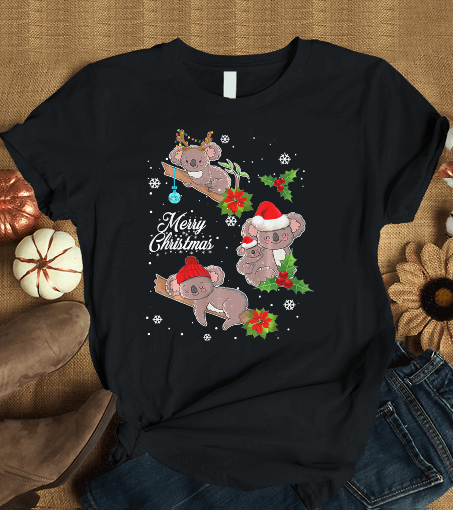 Cute Koala Chibi Merry Christmas with Santa Hats and Holly T-Shirt
