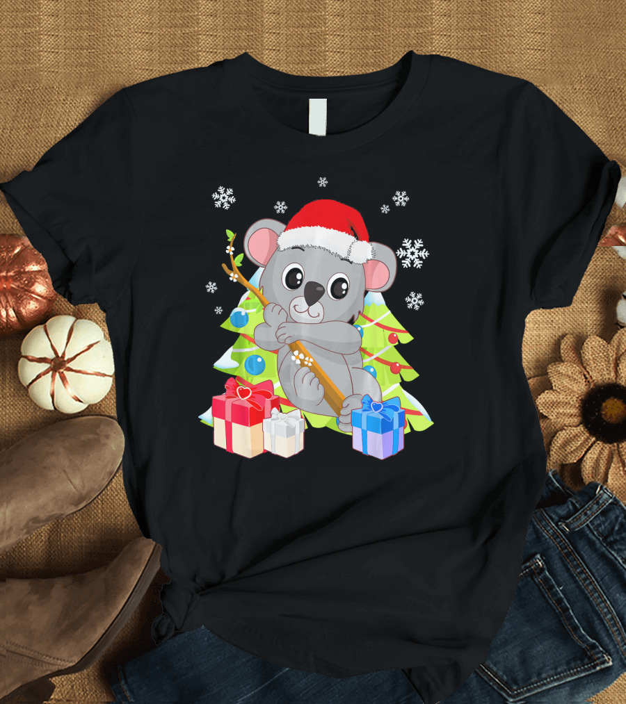 Cute Koala Bear Santa Christmas with Presents and Snowflakes T-Shirt