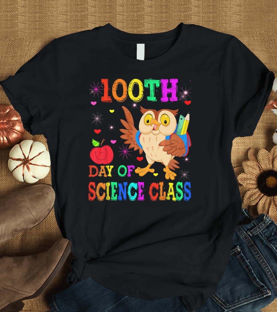 100th Day of Science Class Colorful Owl with Apple and Pencils T-Shirt