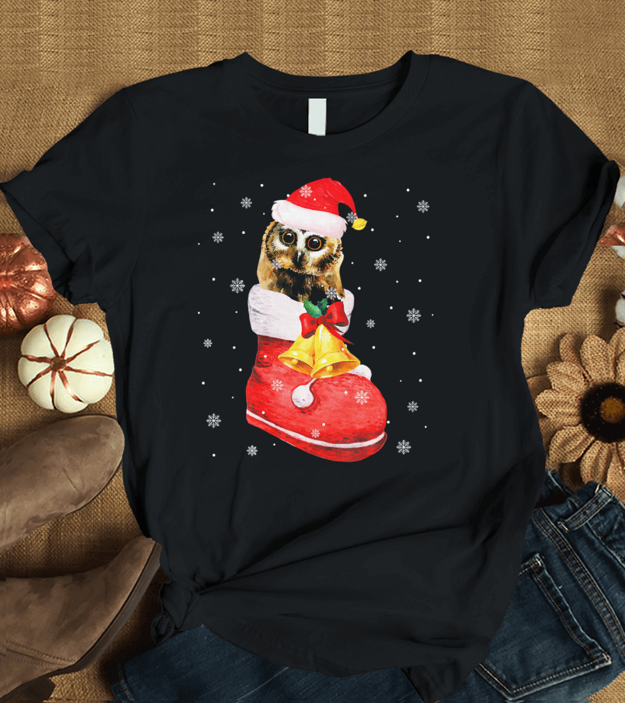 Cute Owl in Santa Hat with Bells in Red Sock T-Shirt