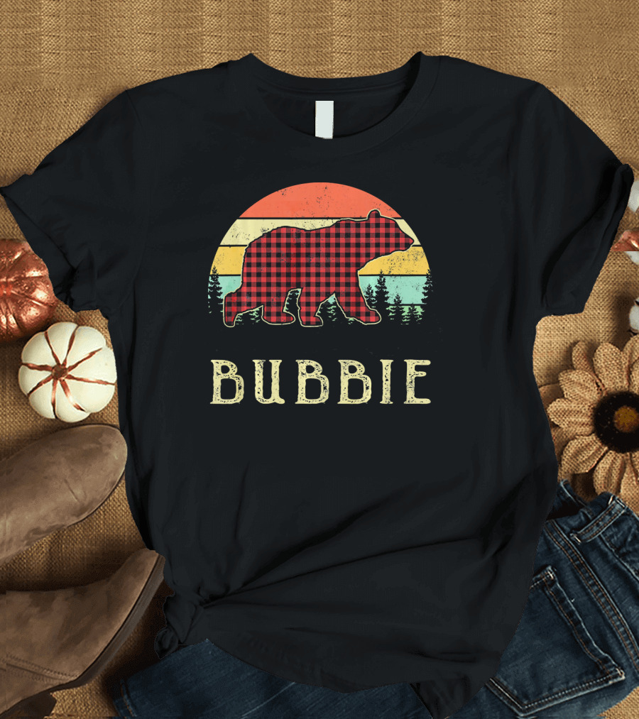 Bubbie Bear Red Plaid Silhouette with Retro Sunset and Forest Background T-Shirt