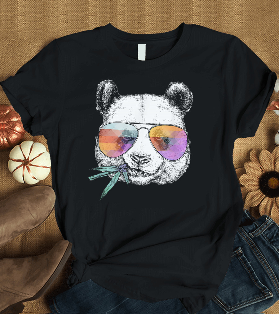 Cool Retro Panda with Colorful Sunglasses Eating Bamboo T-Shirt