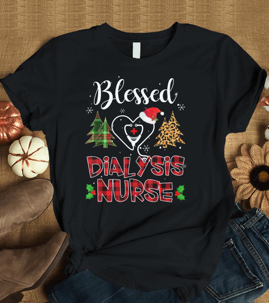 Blessed Dialysis Nurse Buffalo Plaid Red Christmas Trees Santa Hat Hollys T-Shirt