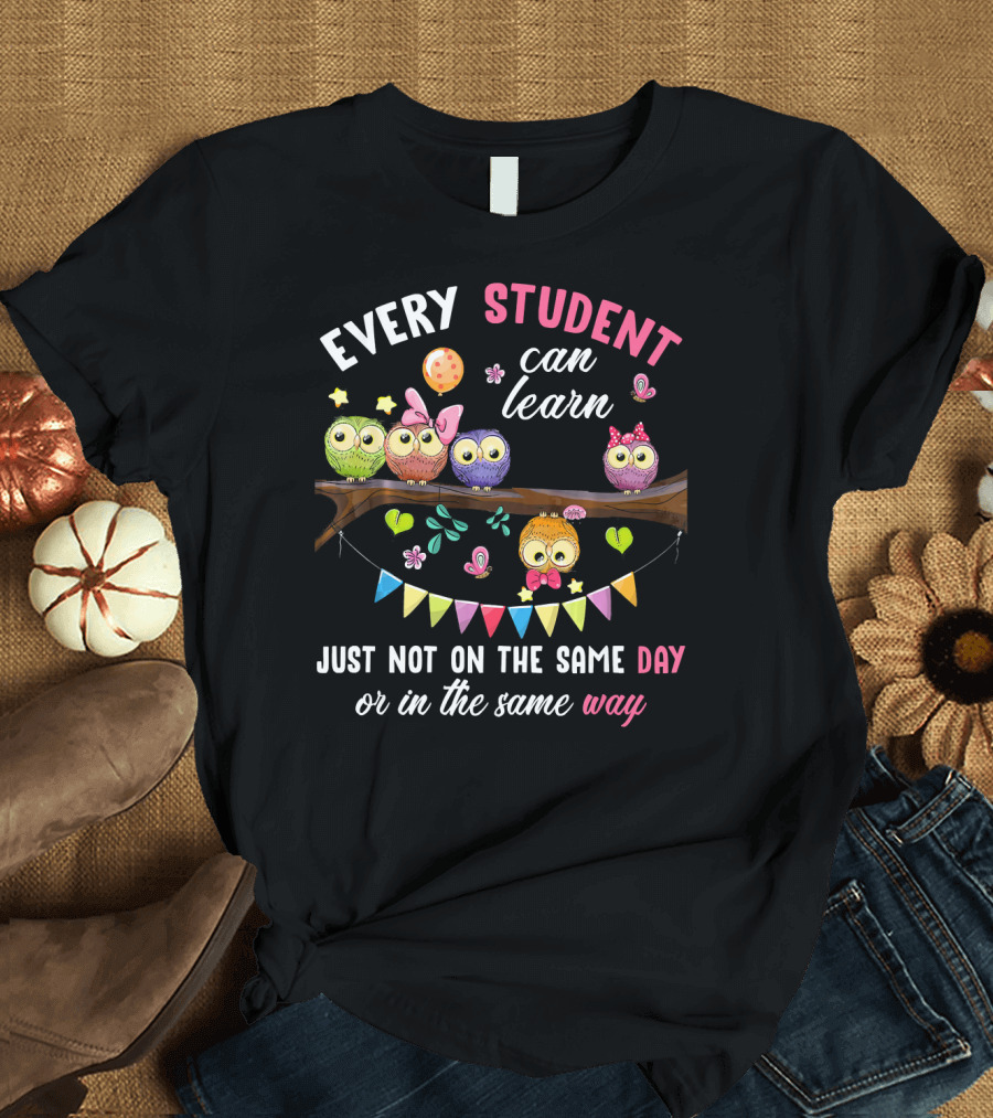 Every Student Can Learn Just Not on the Same Day or in the Same Way Colorful Owls and Bunting T-Shirt