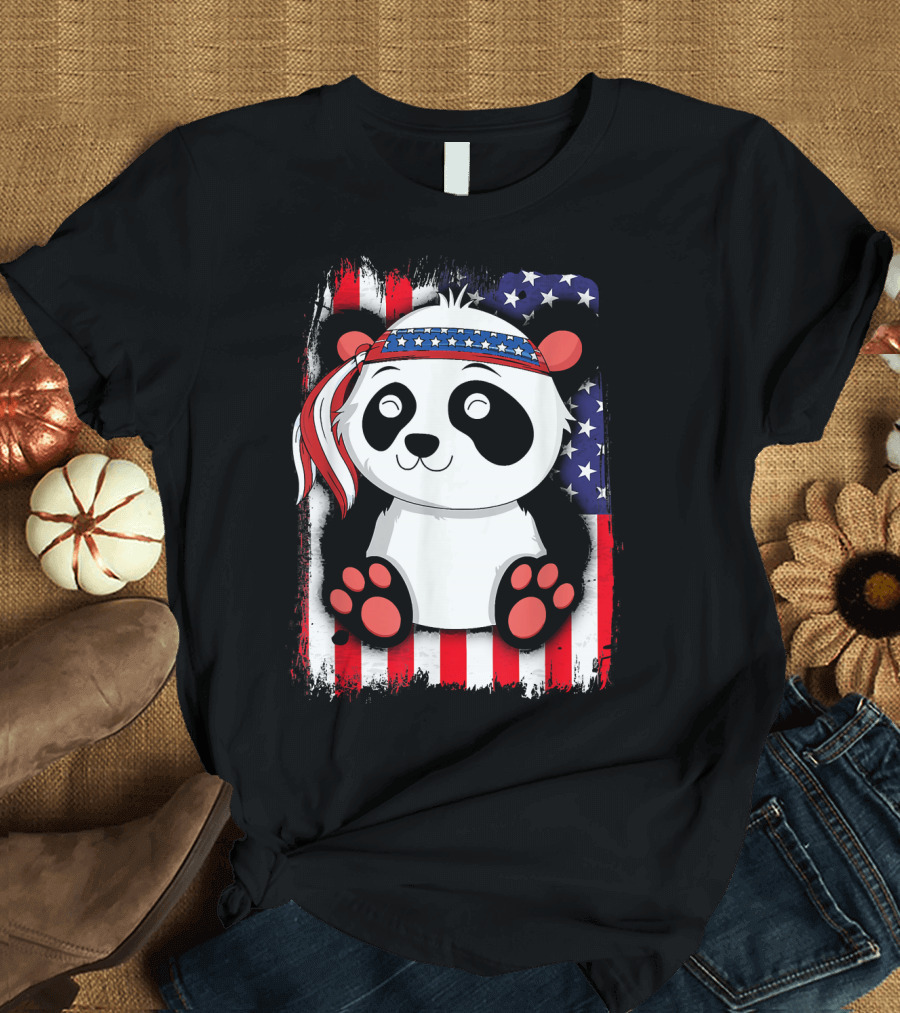 American Flag Panda Patriotic Stars Stripes Bandana Fourth of July T-Shirt