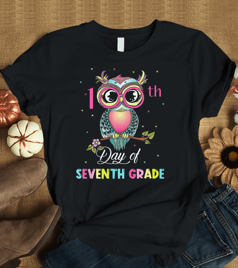 100th Day of Seventh Grade Cute Owl Colorful T-Shirt