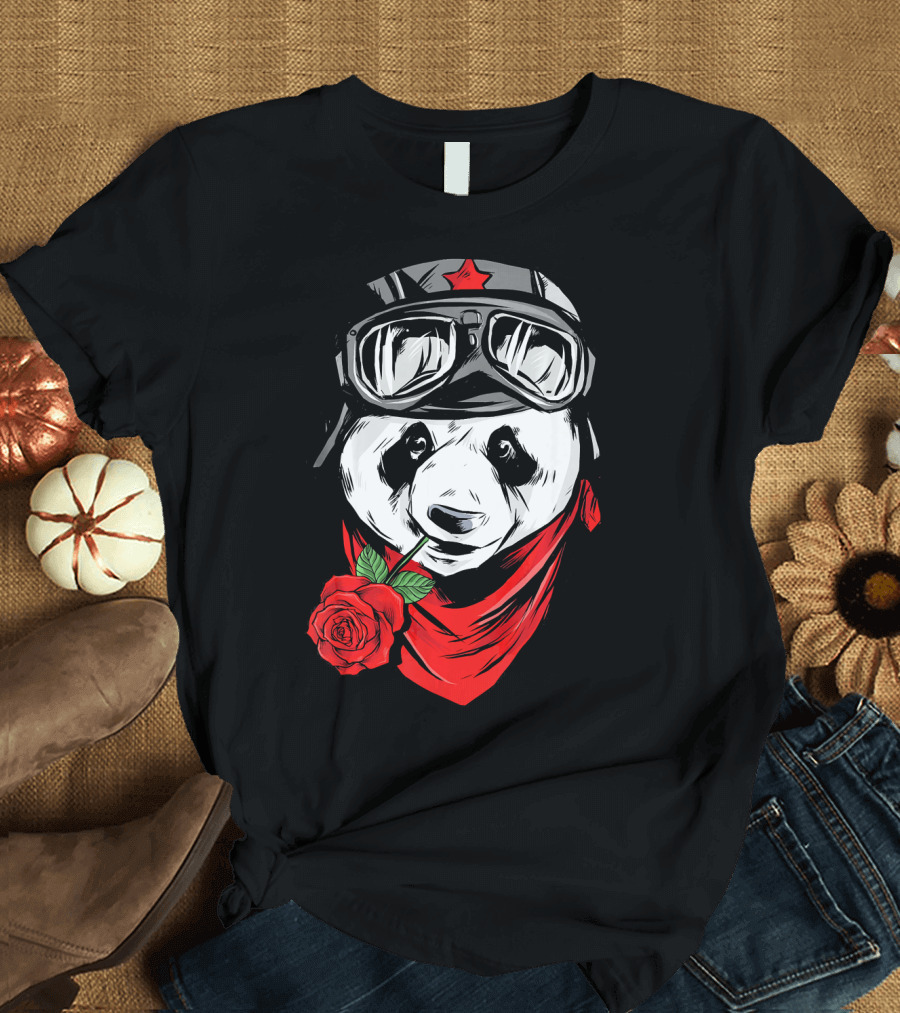 COOL PANDA LOVE Red Scarf Goggles Rose T-Shirt