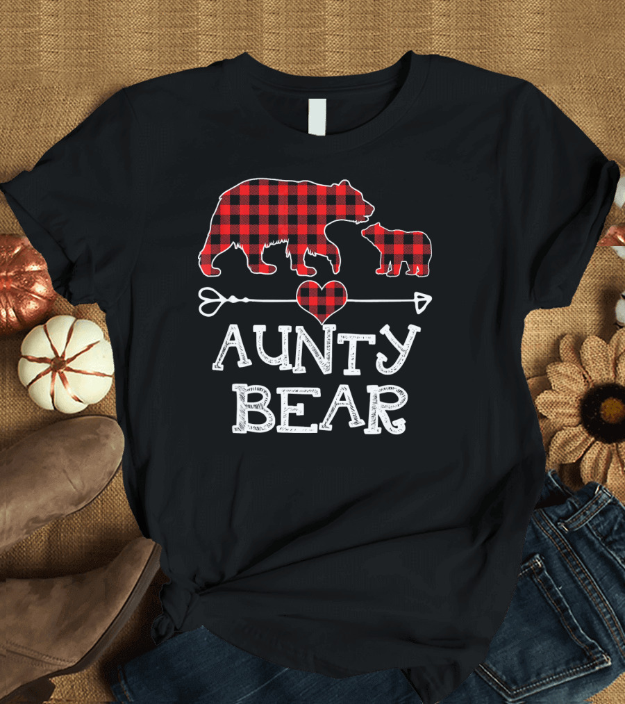 Aunty Bear Red Plaid Christmas Bear Silhouettes with Heart Arrow T-Shirt