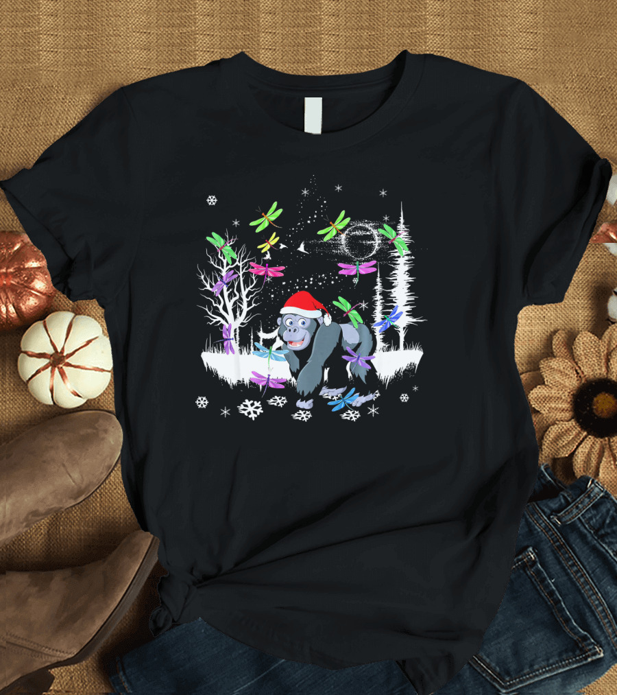 Cute Gorilla in Santa Hat with Colorful Dragonflies and Winter Scene T-Shirt