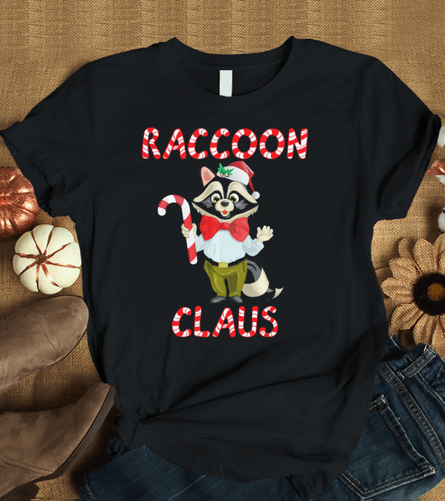 Raccoon Claus Christmas Trash Panda Candy Cane T-Shirt