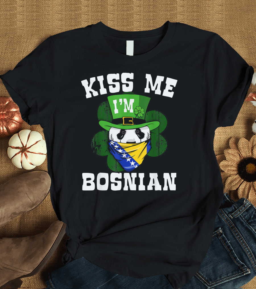 Kiss Me I'm Bosnian Panda with Flag Bandana and Green Hat T-Shirt