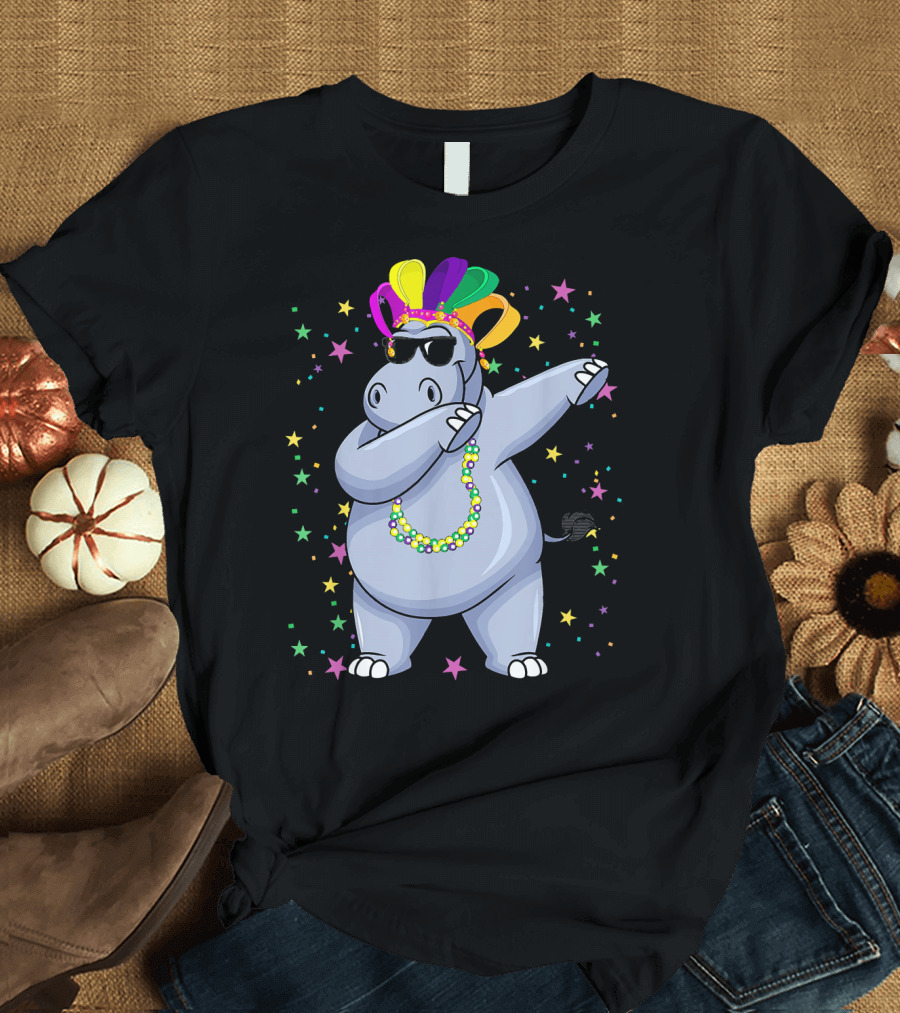 Hippo Dab Dance Mardi Gras Jester Beads and Stars T-Shirt