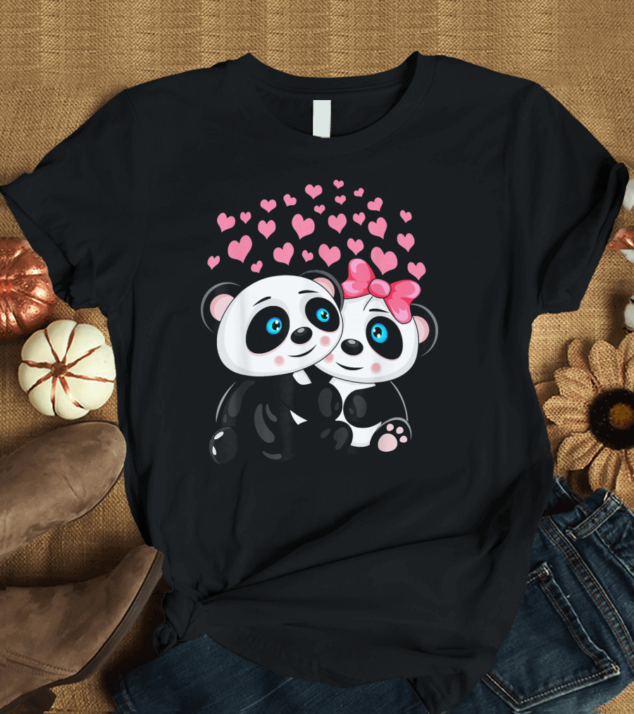 Cute Cartoon Kawaii Face Panda Couple with Pink Hearts T-Shirt