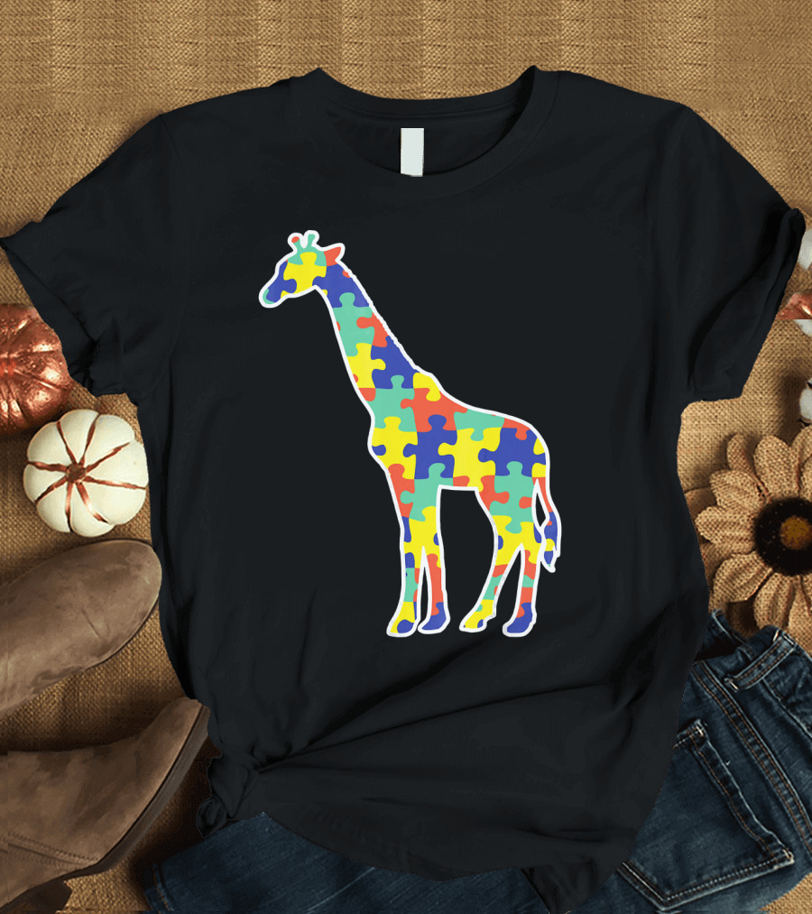 Autism Awareness Puzzle Pattern Giraffe T-Shirt