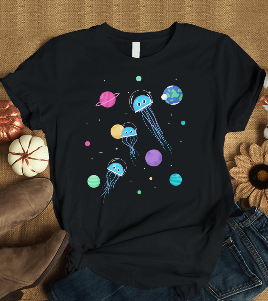 Cute Space Jellyfish Planets and Stars T-Shirt
