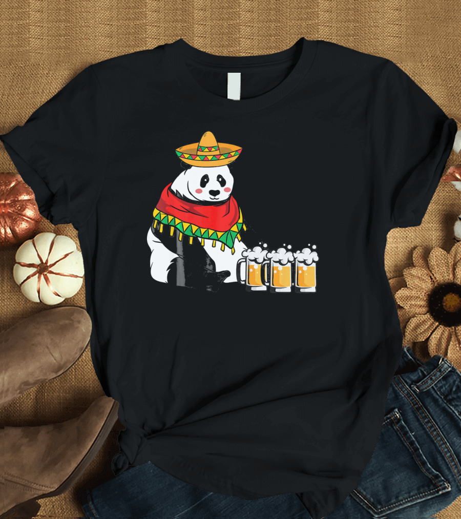 Cinco De Mayo Panda Bear with Sombrero and Beer Mugs T-Shirt
