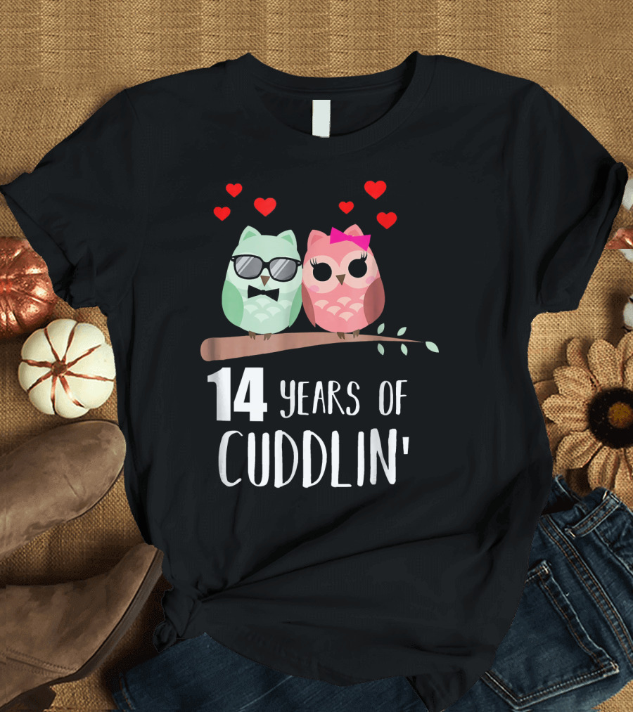 14 Years of Cuddlin' Owl Couple Anniversary Hearts T-Shirt