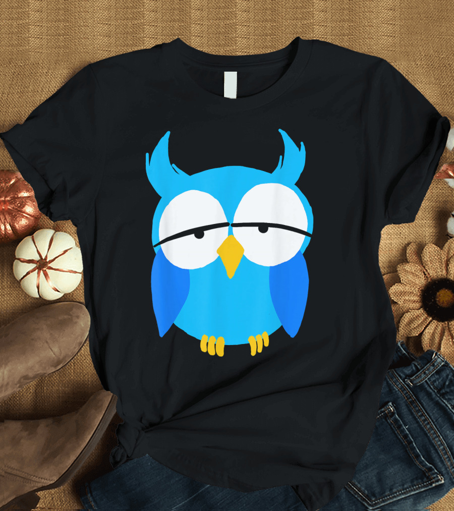Blue Boys Owl Cartoon Nocturnal Birds Blue Horned Owl with Big Eyes T-Shirt