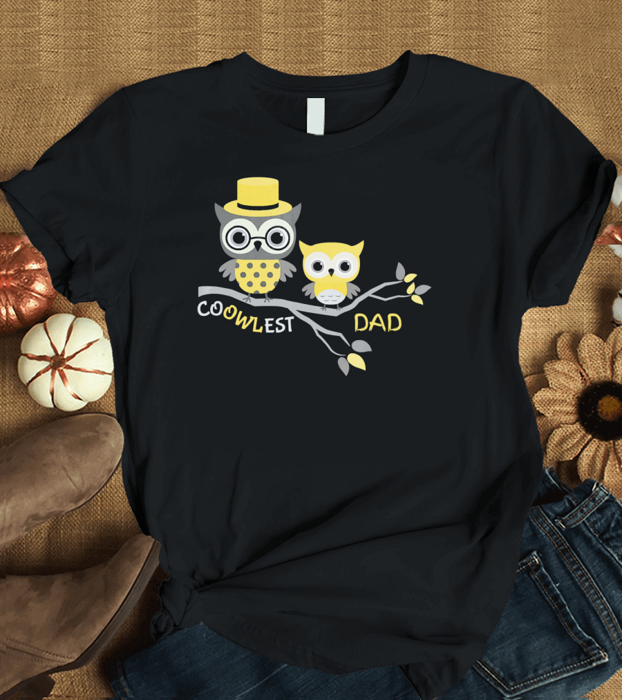 Coowlest Dad Cute Owl Family on Branch with Yellow Hat T-Shirt