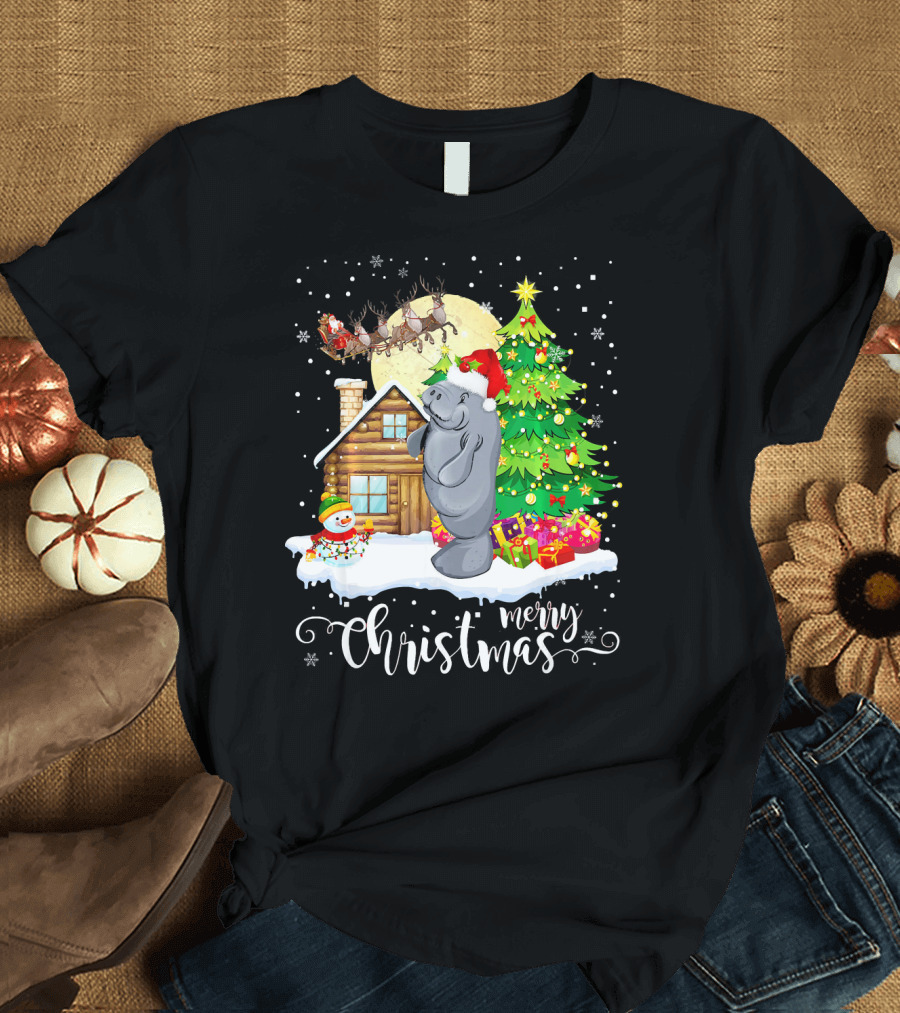 Funny Cute Manatee Lover Merry Christmas Santa Sleigh Tree Cabin Snowman T-Shirt
