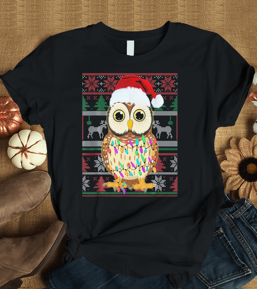 Funny Owl Lover Christmas Lights Santa Hat T-Shirt