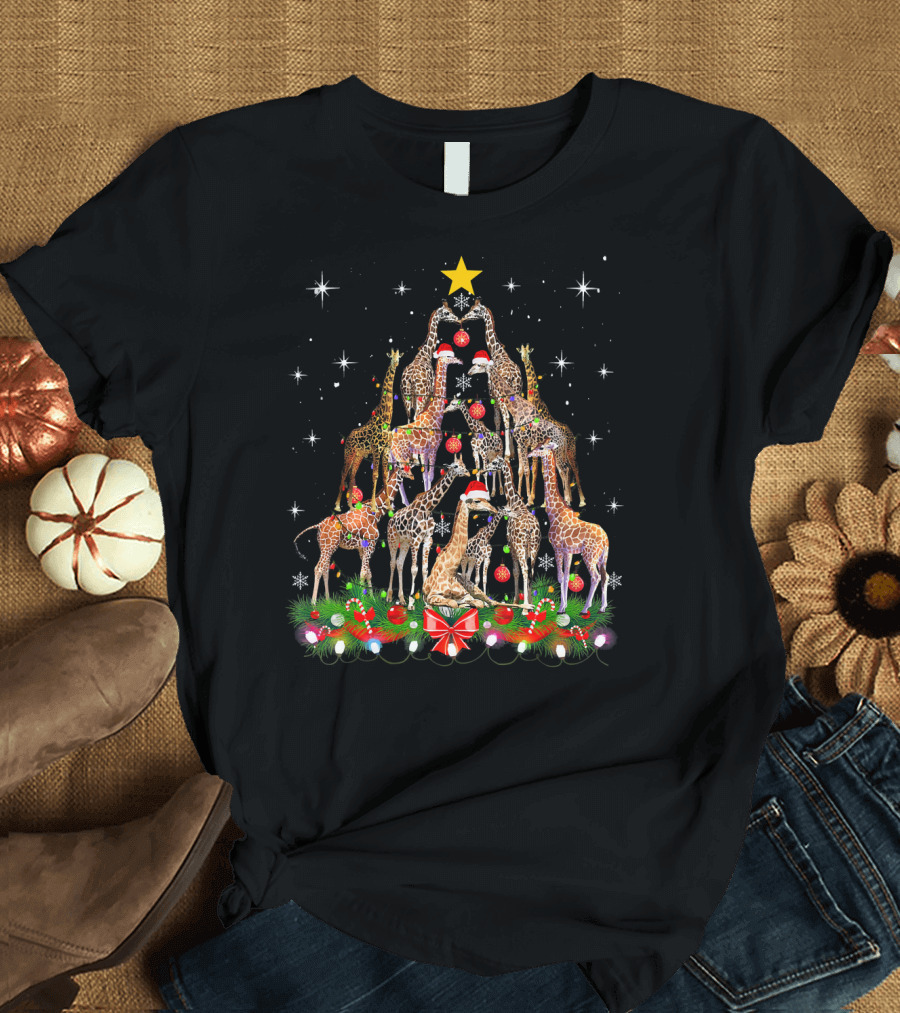 Funny Santa Giraffe Christmas Tree Ornament with Red Hat and Star T-Shirt