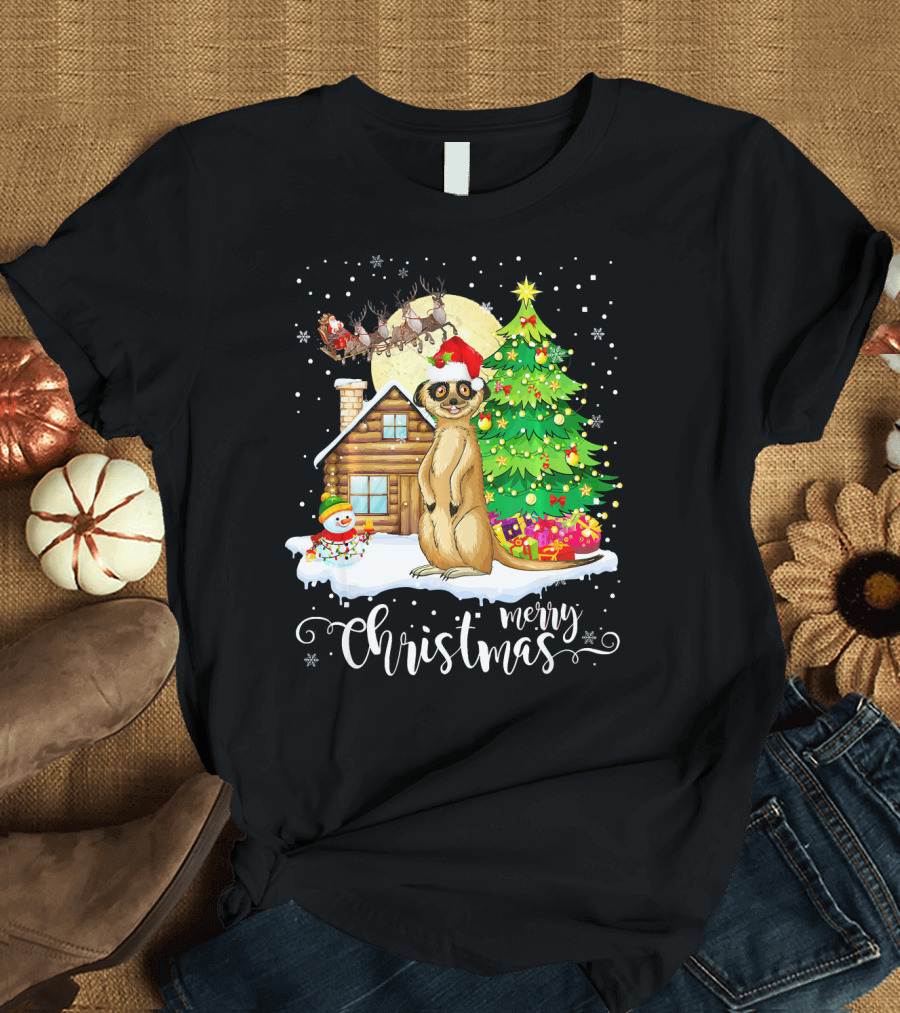 Funny Cute Meerkat Lover Merry Merry Christmas Meerkat Santa Hat Snowman Cabin Christmas Tree Santa's Sleigh T-Shirt