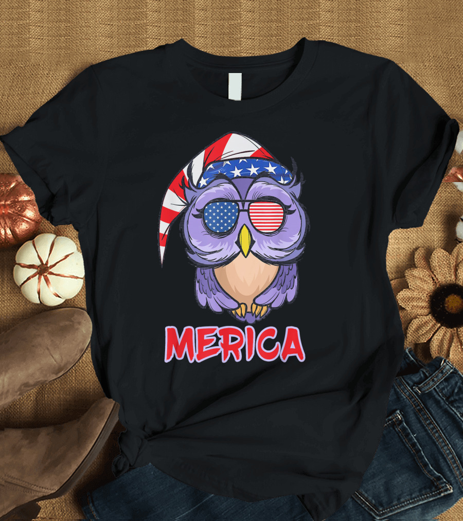 Merica 4th of July Funny Owl with USA American Flag Glasses T-Shirt