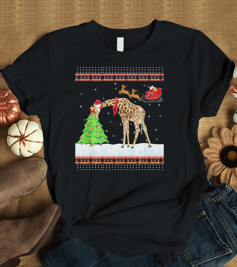 Christmas Funny Giraffe Santa Sleigh UglySan T-Shirt