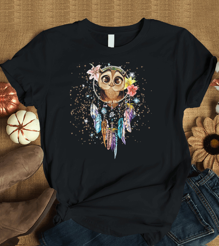 Dreamcatcher Owl Sparkling Feathers and Flower Crests T-Shirt