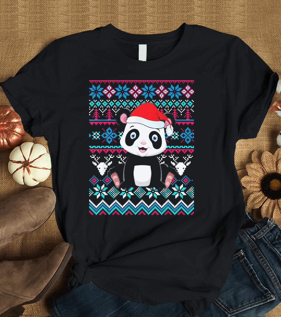 Merry Christmas Panda Bear in Santa Hat Ugly T-Shirt